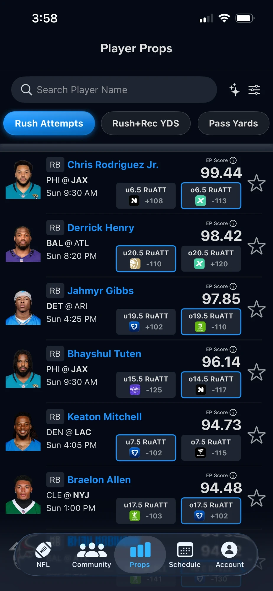 Elite Picks player props list, sorted by EP Score